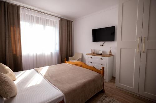 a bedroom with a bed and a tv on the wall at Aly&Emy 2 in Caransebeş