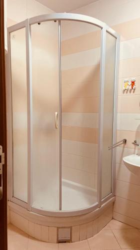 a shower with a glass door in a bathroom at One bedroom apartment Podgorica in Podgorica