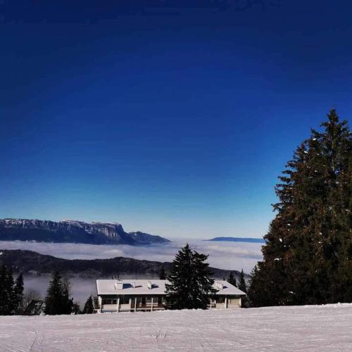 a house on top of a snowy hill with a tree at Studio cabine 5 couchages - Station du Collet d'Allevard in Allevard