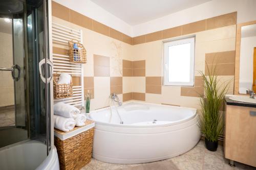 a bathroom with a large tub and a window at Aly&Emy 2 in Caransebeş