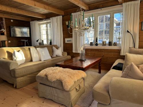 バイトストーレンにあるBjødnabakkens historieのソファとテーブルと窓のあるリビングルーム