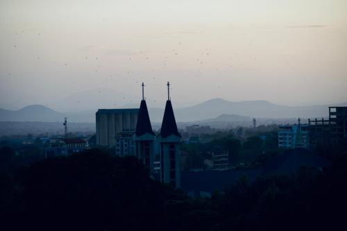 a group of buildings with pointed towers in a city at Tai Africa Guest Rooms in Arusha