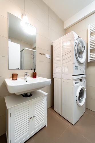 a bathroom with a washing machine and a sink at AH Radnica Spa Jacuzzi in Košice