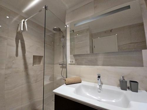 a bathroom with a sink and a glass shower at Apartment MM in Omiš