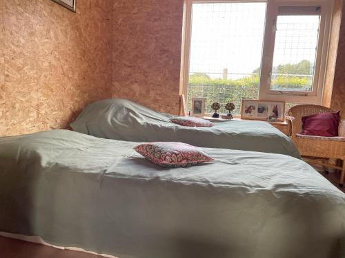 two twin beds in a room with a window at Equi Guidance Stay in Wapenveld