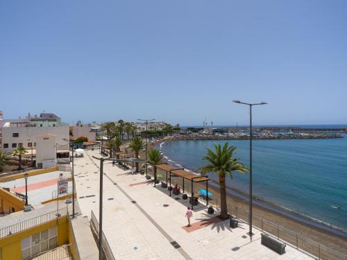 a view of a beach with palm trees and the ocean at Marañuelas Beach Suites Arguineguin in Arguineguín