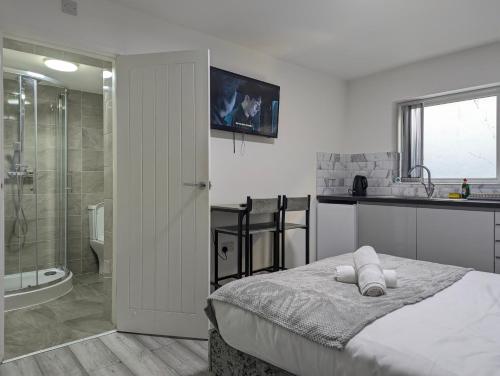 a bedroom with a bed and a bathroom with a shower at Private & Relaxed Apartments 1-5 in Cardiff