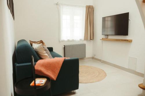 a living room with a couch and a flat screen tv at "La Maisonnette" Cozy tiny house close to Montreux in Villeneuve