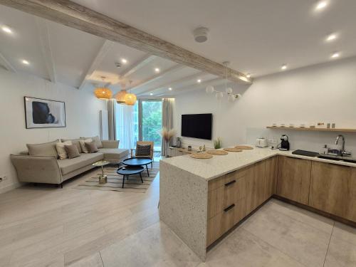 a kitchen and living room with a couch and a table at Pinea Apartments in Pobierowo