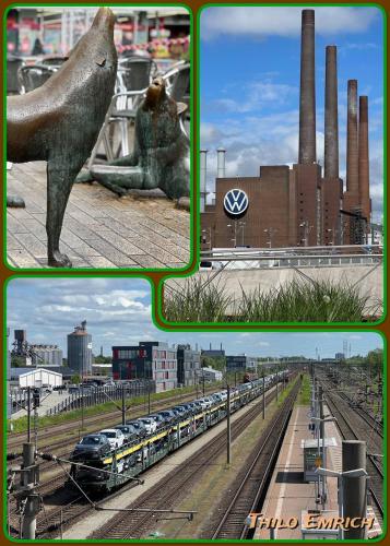 a collage of three pictures with a statue of a bear and a train at Wohlfühlapartment, Parkplatz, Boxspringbetten, Massagesessel, Nespresso, 1Gbit LAN & WIFI, Innenstadt in Wolfsburg