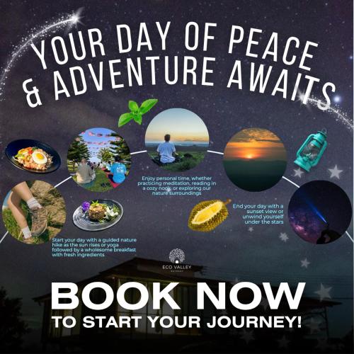 a poster for a day of peace and adventure awaits at 4 Simple Minimalistic Rooms at Sunset Lodge - Eco Valley Retreat 豐之谷 in Balung