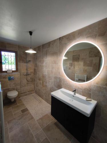 une salle de bain avec un lavabo et un miroir dans l'établissement Le Mas des iscles Mallemort, à Mallemort