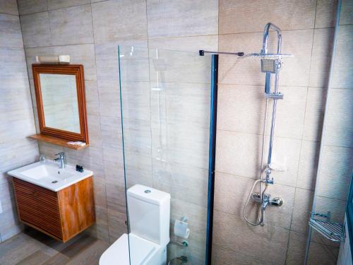 a bathroom with a shower and a toilet and a sink at Hôtel KEMAKA in Abidjan
