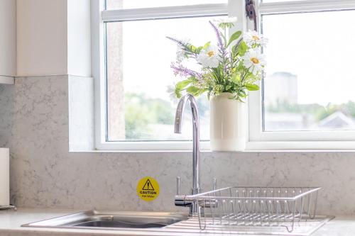 a kitchen sink with a dish rack next to a window at The Well - 3 bedroom apartment in Motherwell
