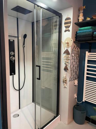 une douche avec une porte vitrée dans une salle de bain dans l'établissement Maison de ville dans la baie du Mont Saint Michel, à Avranches