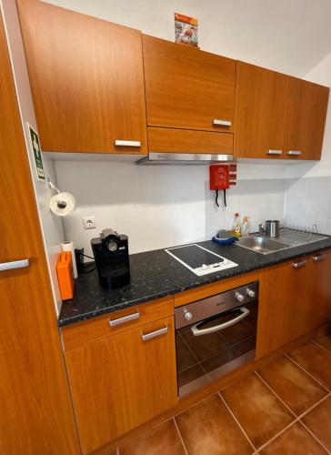a small kitchen with wooden cabinets and a sink at Alojamento Local Vale dos Vascos in Alvaro