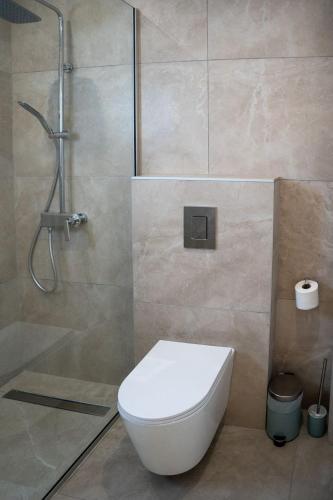 a bathroom with a toilet and a shower at Amore Protaras Apartments in Paralimni