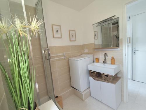 a bathroom with a toilet and a sink and a shower at Appartement cosy village entre mer et nature in Le Pradet