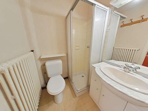 une salle de bain avec toilettes, lavabo et douche dans l'établissement Studio cosy 4 pers, au centre, près des pistes - FR-1-241-114, au Grand-Bornand