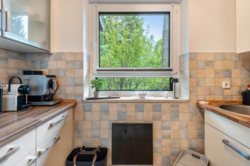 a kitchen with a sink and a window at Ferienhaus Sonnenplatz Am See in Roding