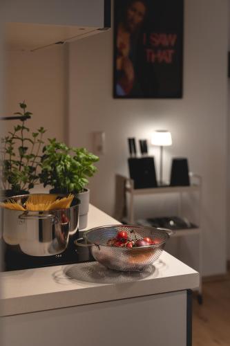 a kitchen counter with a bowl of tomatoes on it at NOOQA - Villa RHEINLOFTS in Cologne
