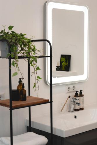 a bathroom with a sink and a mirror at NOOQA - Villa RHEINLOFTS in Cologne