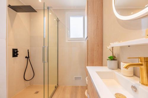 a bathroom with a glass shower and a sink at Le Cocon de l'Oise - F2 Cosy au bord de l'eau in Saint-Ouen-lʼAumône