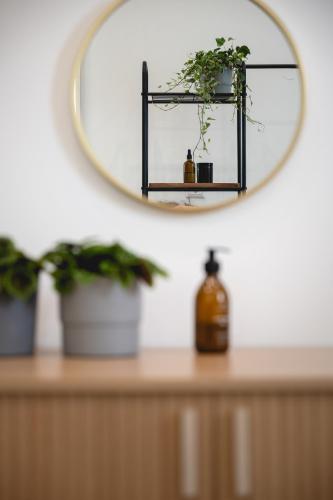 a mirror on a shelf with a plant on it at NOOQA - Villa RHEINLOFTS in Cologne