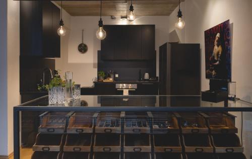 a kitchen with a glass counter in a room at NOOQA - Villa RHEINLOFTS in Cologne