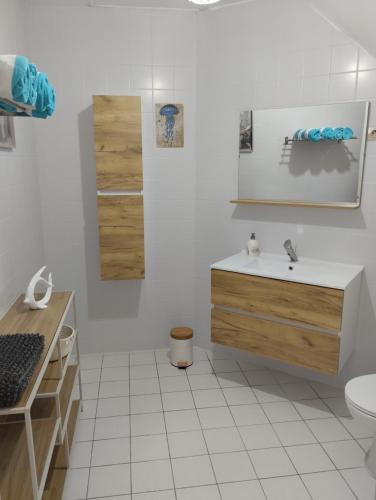 une salle de bain blanche avec un lavabo et des toilettes dans l'établissement Le Manoir de la Pichardière, à Cherrueix