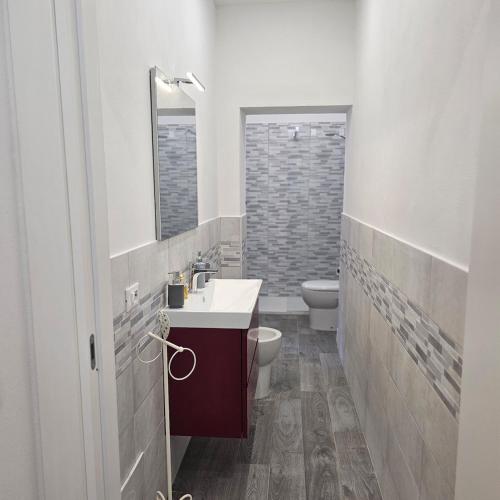 a bathroom with a sink and a toilet and a mirror at TinaToni Apartment in Follonica