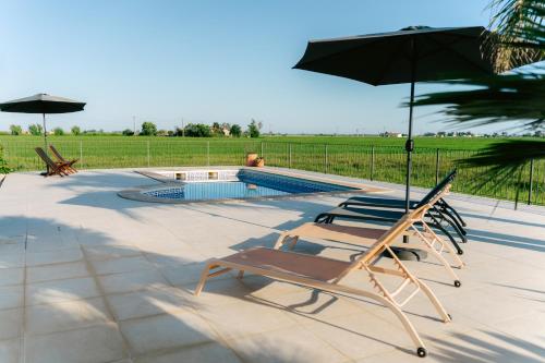 2 leżaki i parasol przy basenie w obiekcie L' Espiga - Casa Rural w mieście Deltebre