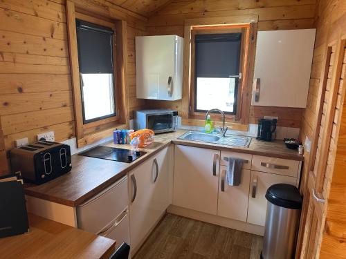 a kitchen in a log cabin with a sink and a stove at Forest Edge Motel in Ticehurst