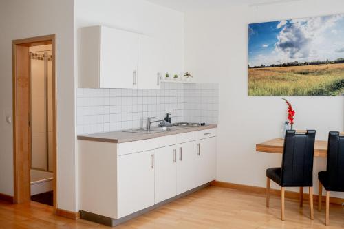 a white kitchen with a sink and a table at Hotel Donau-Ries in Mertingen