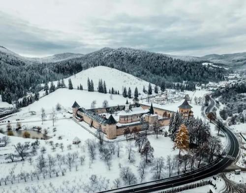 an aerial view of a resort in the snow at Life-forever in Suceviţa