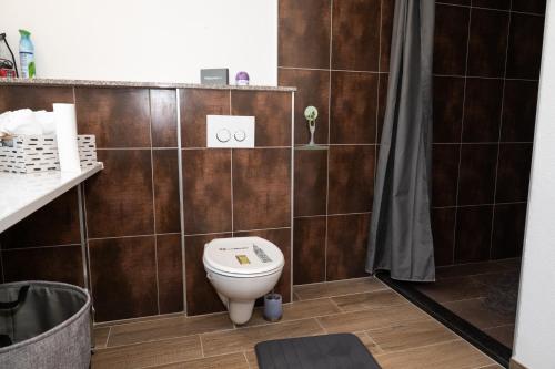 a bathroom with a toilet and brown tiled walls at Four Points in Vir