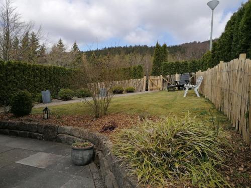a garden with a bench and a wooden fence at Auszeit Sauerland in Olsberg
