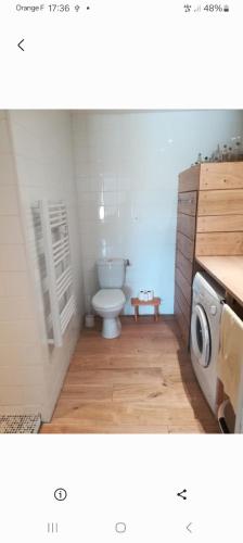 a bathroom with a toilet and a washing machine at Vacances proche des sables d'olonne Vendée in Le Girouard