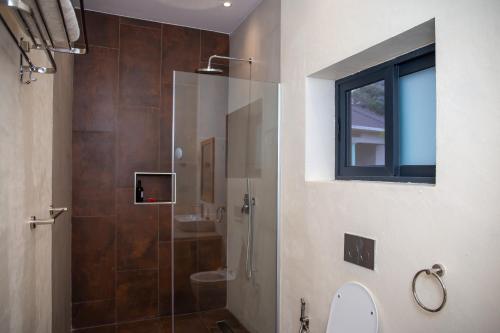a bathroom with a shower with a toilet and a window at The Nest - Newly Renovated July 2025 in Kigali