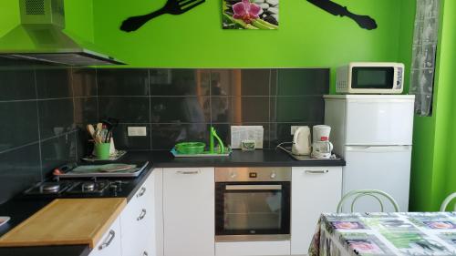 une cuisine avec des armoires blanches et des murs verts dans l'établissement Gite LINIPA, à Sarlat-la-Canéda