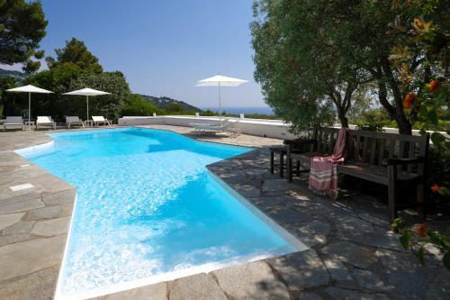 a blue swimming pool with a bench and umbrella at Il Carrubo Capri in Anacapri