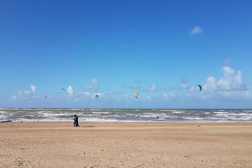 a person standing on the beach flying kites at Apartment 2 bedrooms 150 m from the beach in Houlgate