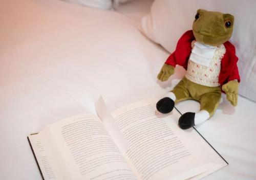 a stuffed teddy bear sitting next to an open book at Lakeside Hotel and Spa in Newby Bridge