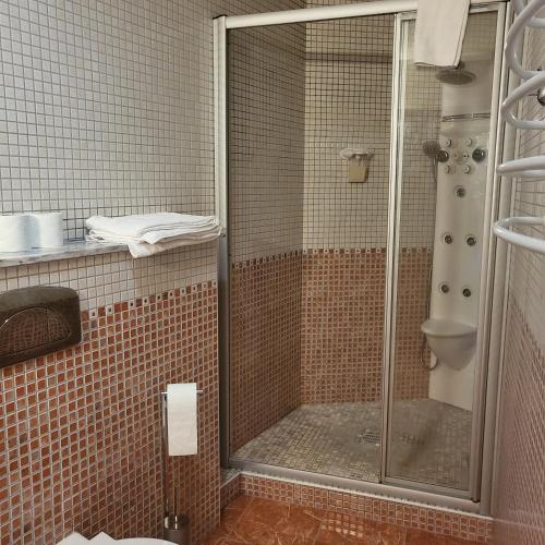 a shower with a glass door in a bathroom at Moinho da Ponte Velha in Bragança