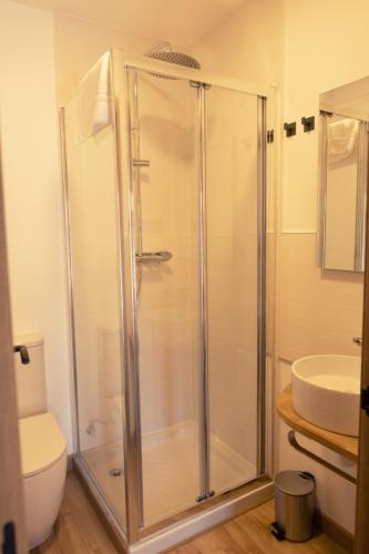 a bathroom with a shower and a toilet and a sink at Hospedería La Bogadera in La Robla