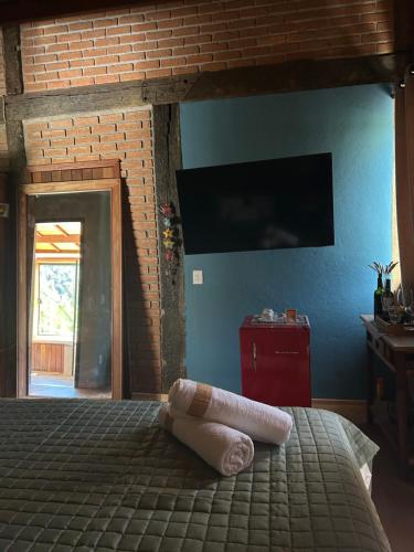 a bedroom with a bed with a tv on the wall at Chalé Vale da Gavéa in Resende