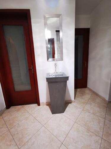 a bathroom with a sink and a mirror on the wall at M3 green Oasis deluxe in Mogyoród