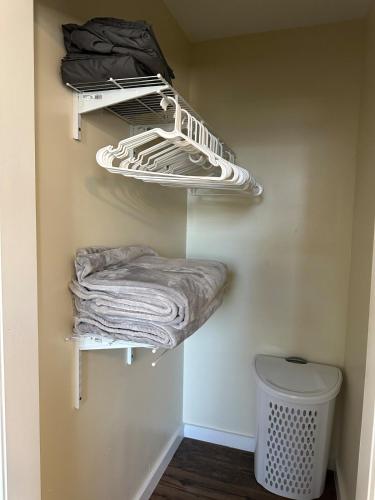 a laundry room with three racks of towels at Historic Carriage House Near Attractions in Saint Louis