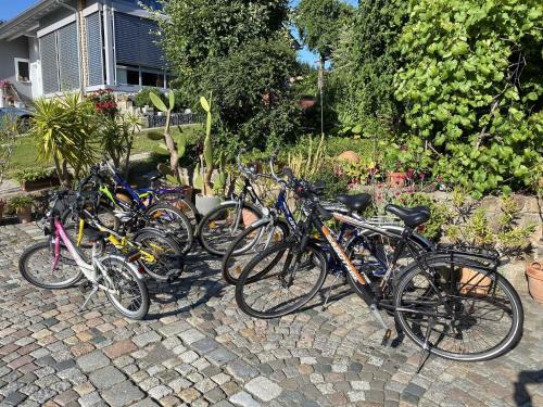 a group of bikes parked in a row in front of a house at Holiday home in Pfreimd - Oberpfalz 38096 in Pfreimd