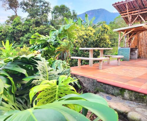 a bench sitting on a walkway in a garden at Mi Paraiso Escondido, Tamesis in Támesis